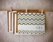 Custom Monogram Stationary Card Set, blue, green, chevron