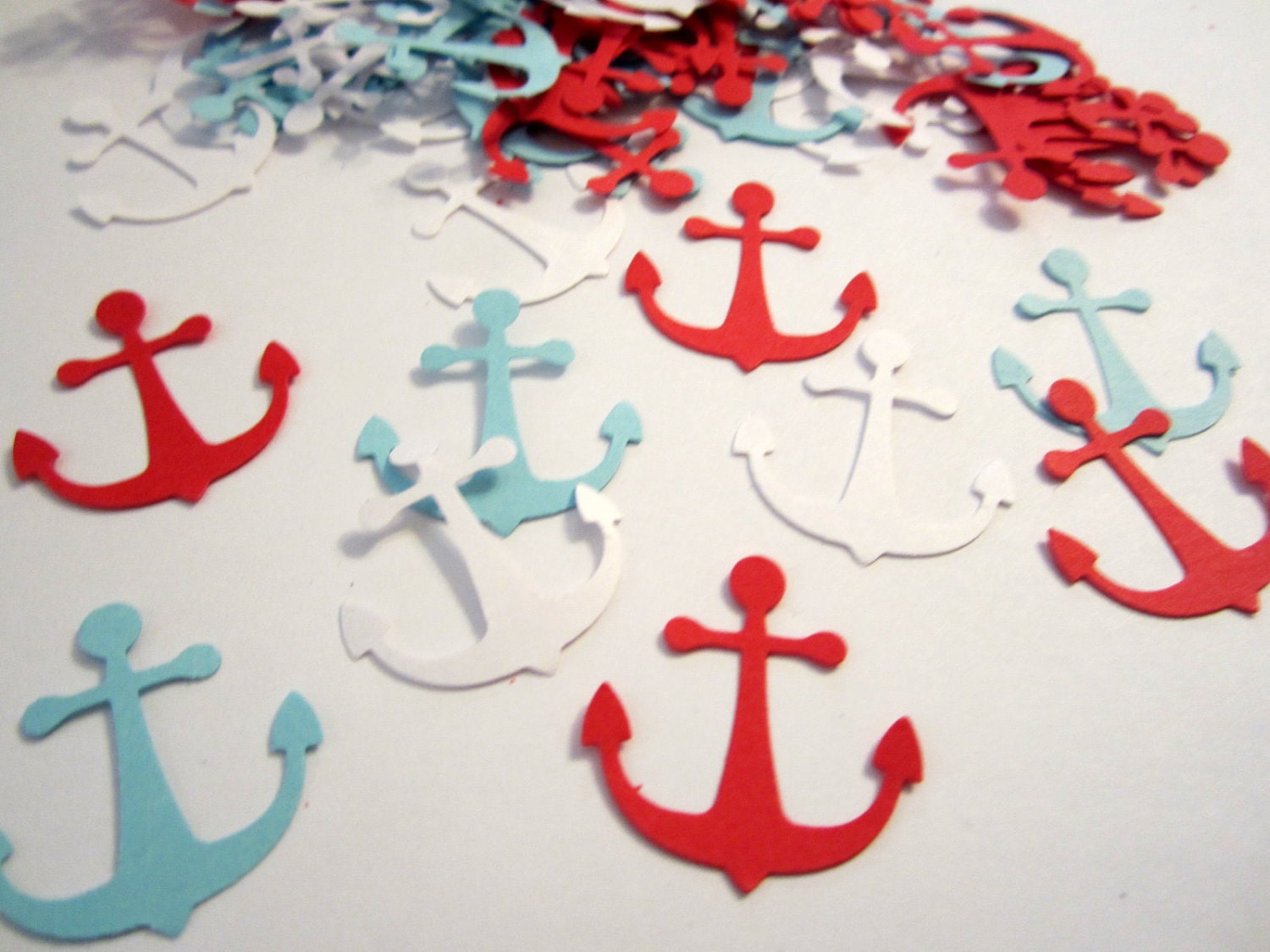 100 Nautical Anchors MIX Red White Light Baby Blue Paper Embellishments Party Confetti Cutouts Cupcake Toppers