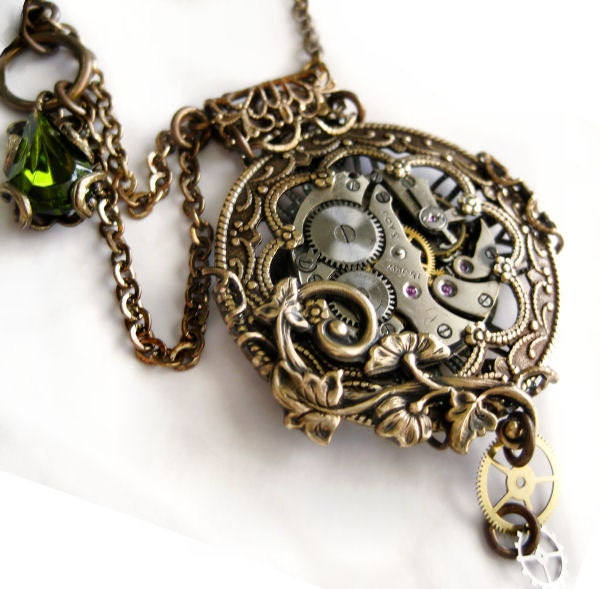 Steampunk necklace Victorian pocket watch style pendant with swag chain, steampunk jewelry