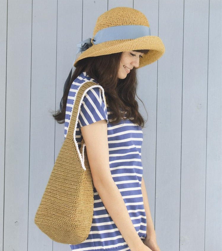 crochet hat women  crochet summer straw and  wide brim hat  in wheaten color