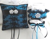 Black Embroidered Victorian French Tulle Lace and TurquoiseRaw Silk Ring Pillow/Garter Set-Rhinestones-OOAK
