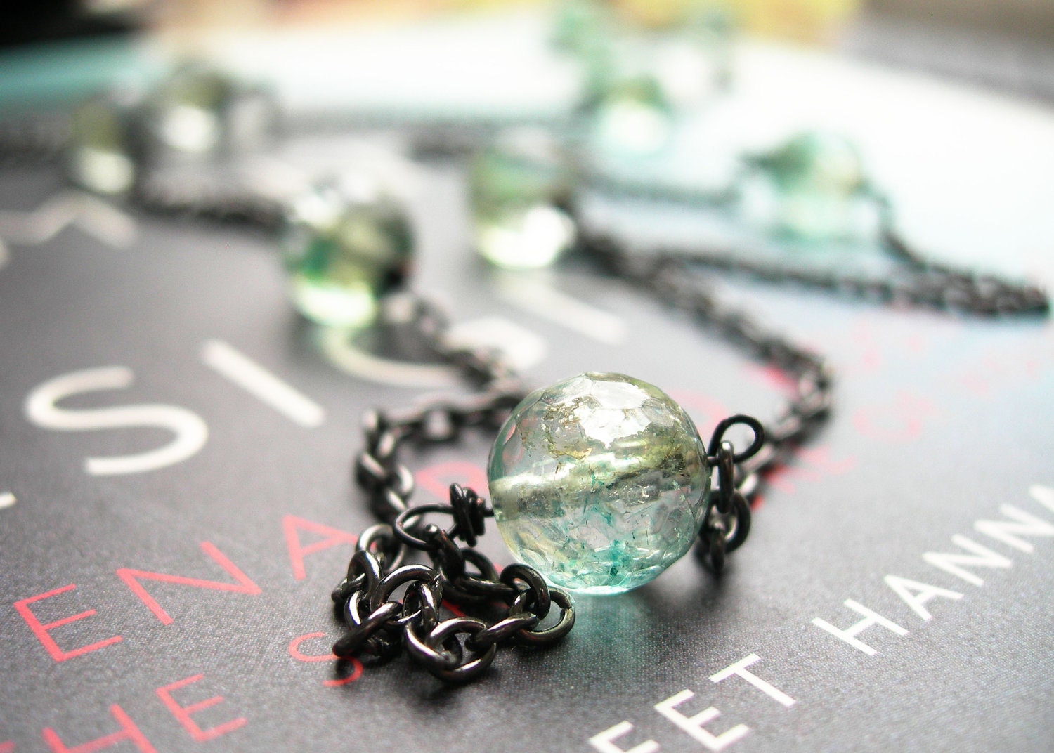 Long Necklace with Quartz Stones and antiqued copper chain