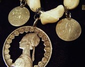 Mop religious necklace sterling silver love token Victorian lady cross one of a kind vintage assemblage