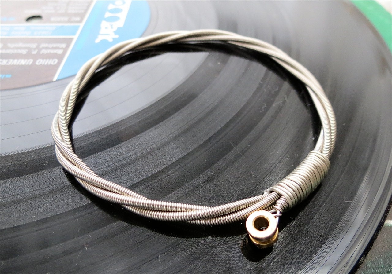 Recycled Bass Guitar String Bracelet silver colored with brass ball end attached Mens or Womens XL free shipping to US