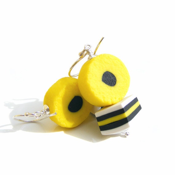 Licorice Allsorts Earrings, Handcrafted in yellow clay & sterling silver, also available in sink