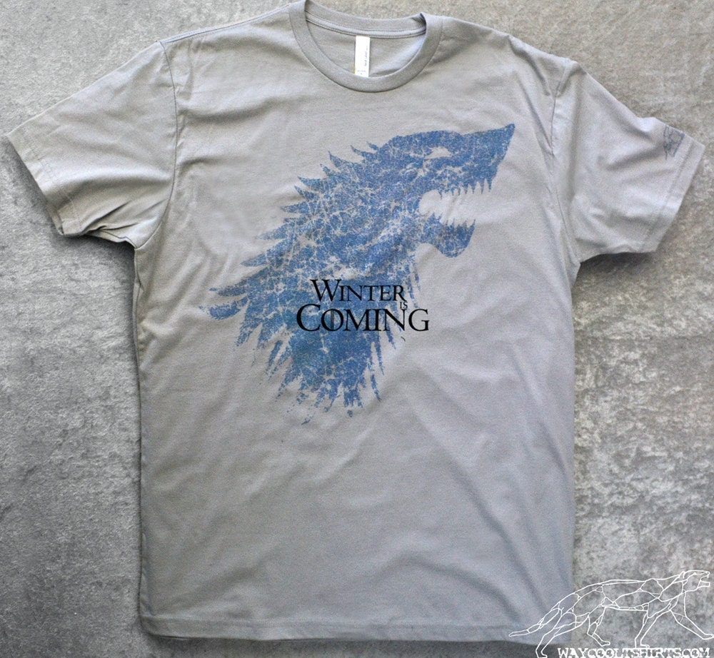 WINTER IS COMING Game of Thrones Tshirt  - Unisex fitted Silver Grey with Steel Blue & Black inks