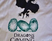 GAME OF THRONES Dragons Are Coming Tshirt  - Unisex fitted Silvery Gray with Dk Green & Black inks