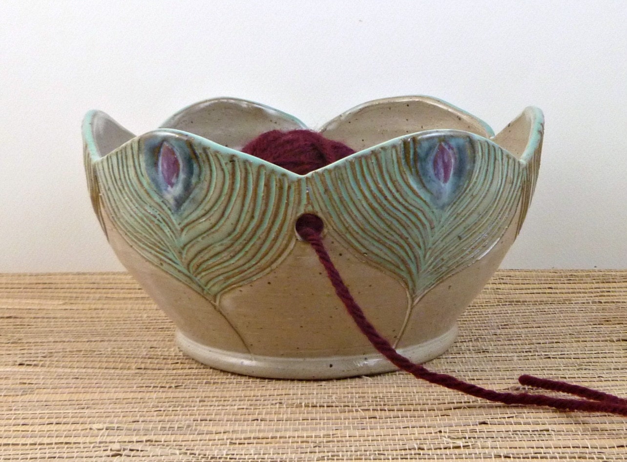LARGE yarn bowl with cut rim in peacock pattern design