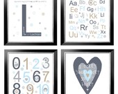 Alphabet and Numbers Letter Initial and Heart Print Set 4 pc in grey, ligt blue and tan 9x9 for Transport bedding by YassisPlace