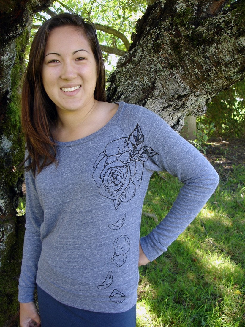 Rose Petals Long Sleeve Shirt Organic Cotton Blue Womens XLARGE