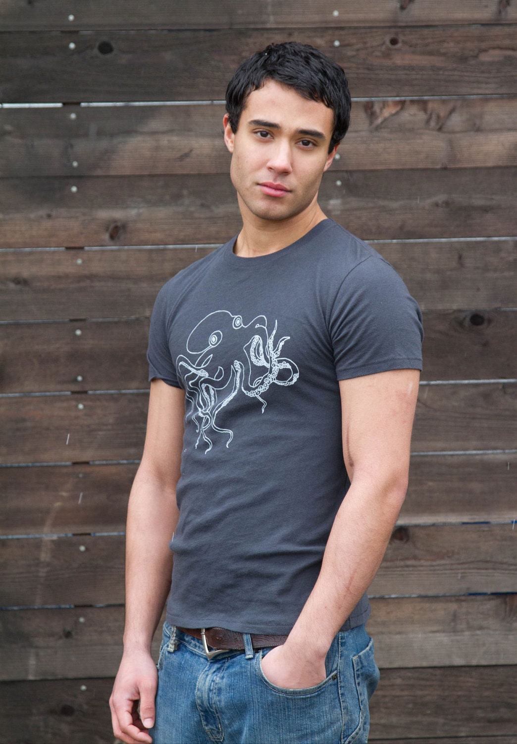 Octopus Tee Organic Cotton Crew in Dark Blue Gray MEDIUM