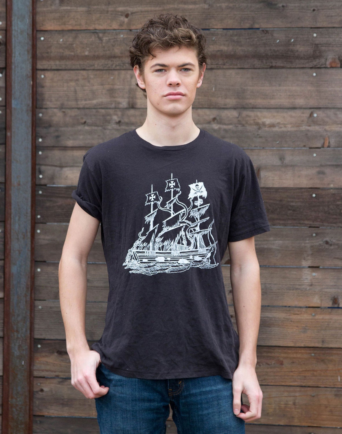 Pirate Ship Kraken Tee Organic Cotton Crew Black SMALL