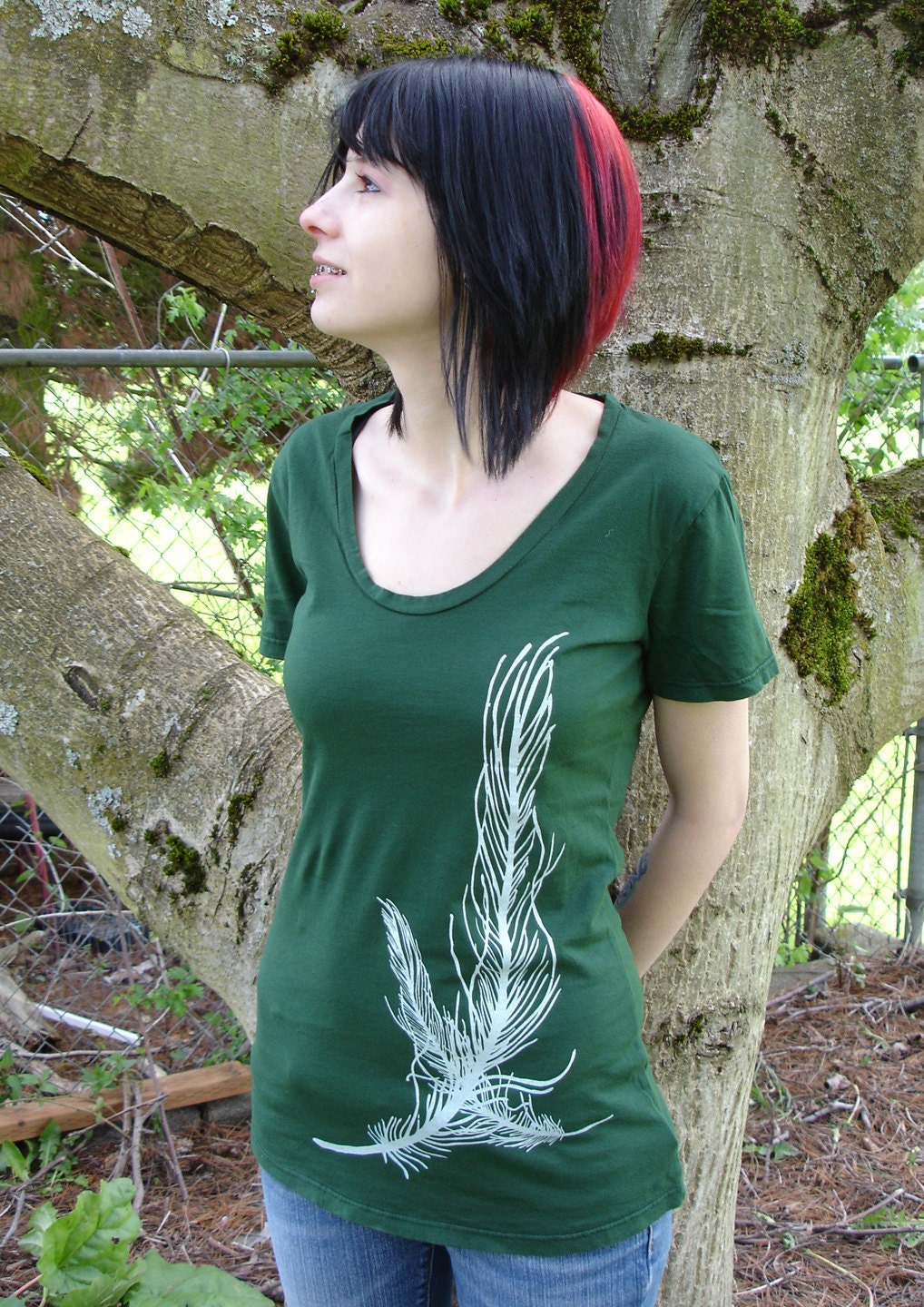 Feather Scoop Neck Shirt Organic Cotton Dark Green Womens SMALL