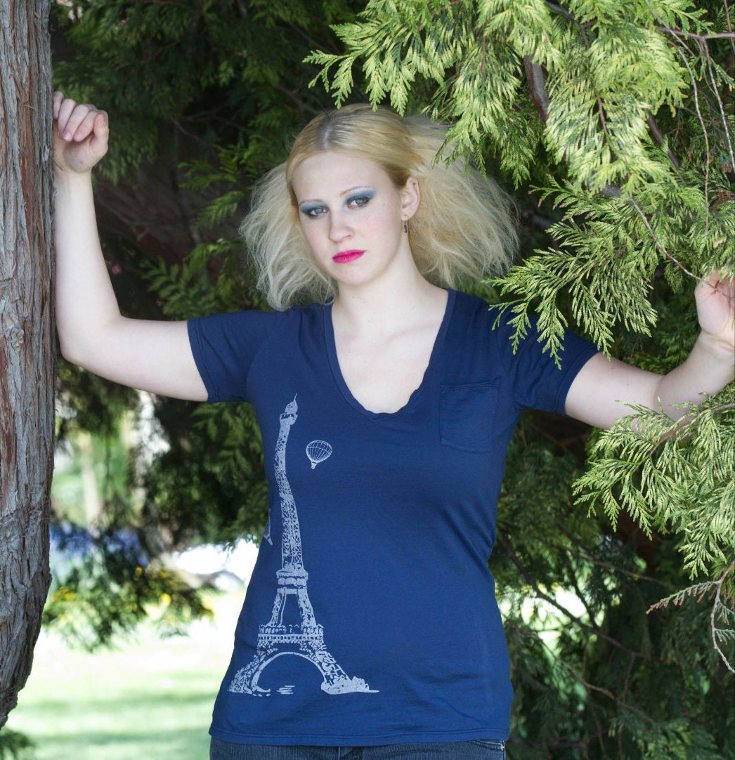 Paris Pocket V Neck Shirt Organic Navy Womens XLARGE