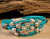 Blue Turquoise Leather Bracelet Multi Strand Silver Bead Summer Cuff Bracelet