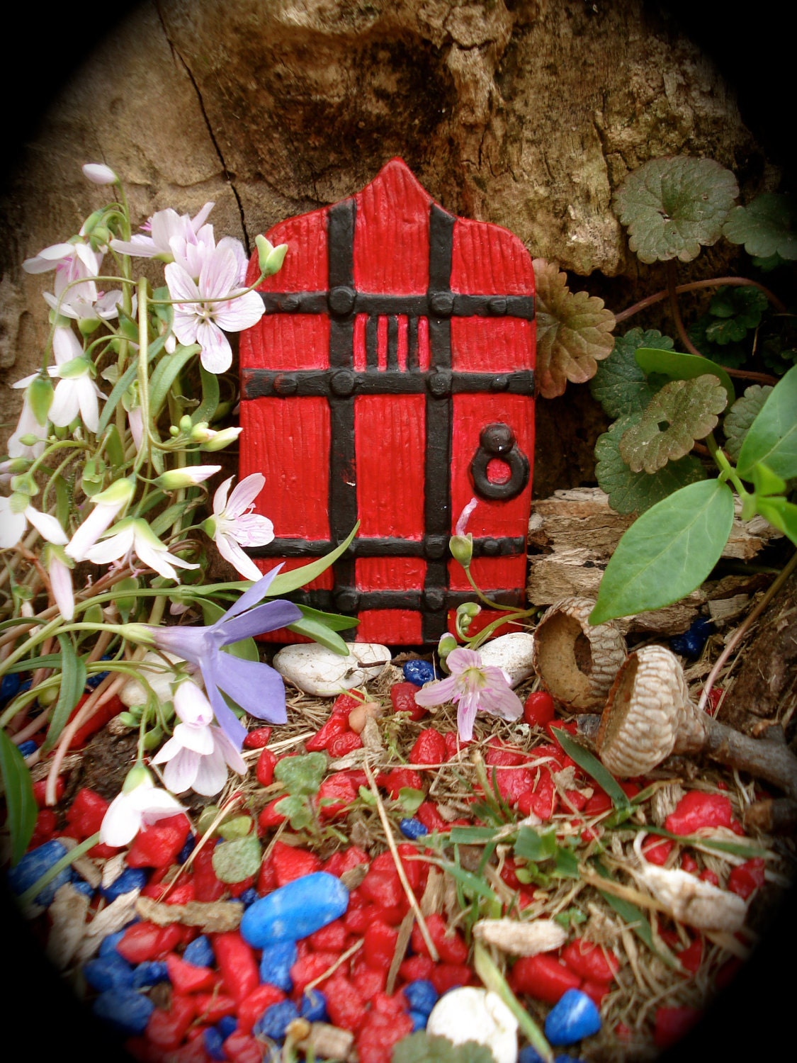 Fairy Door , Tudor style Gaelishian Door - Red and Black - Die Stone Cast. (FRB) - FairybehindtheDoor