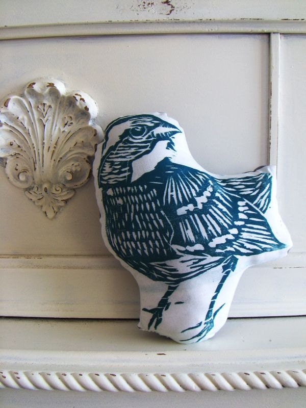 Plush Spring Bird Pillow. Woodblock Printed. Customizable colors. - LauraFrisk