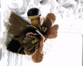 Vintage Brown Latte Flower Mushroom and Feather Hair Comb