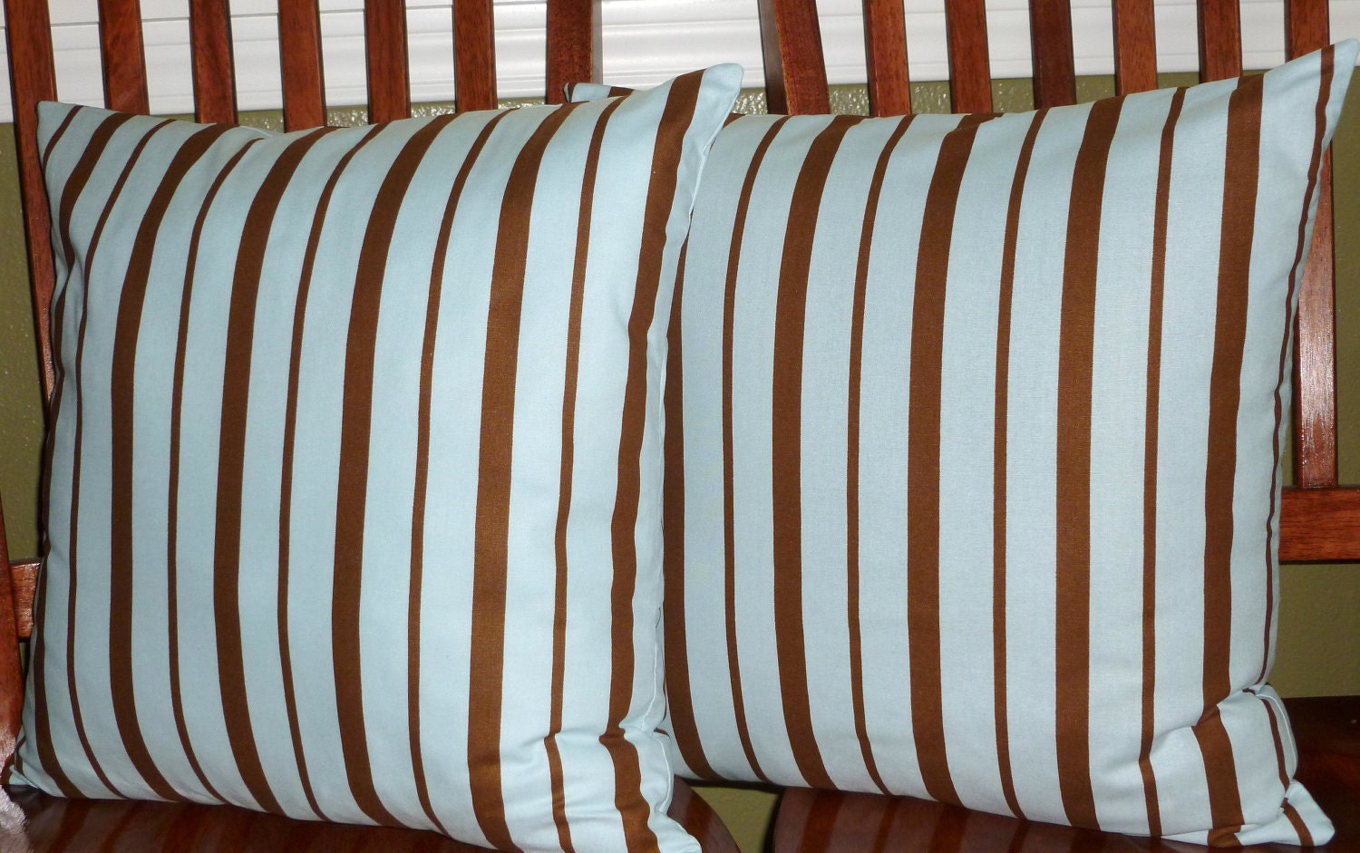 Decorative Throw Pillow Covers - Two 18 Inch Brown and Blue Stripe