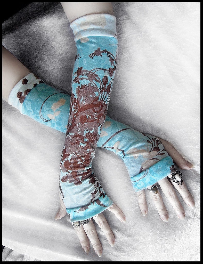 Lagoon Arm Warmers - Turquoise Teal Blue White Pale Yellow Cream Brown Floral Scroll - Gothic Tribal Steampunk Noir Mehndi Gypsy Yoga Boho