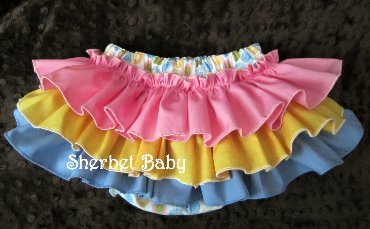 READY TO SHIP size 3 - 6 months Sassy Pants Ruffle Diaper Cover Pink Yellow Blue Ruffles on Multi Dot Base
