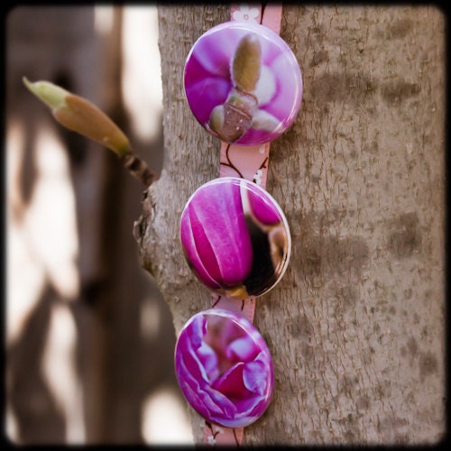 Three one inch pinback floral buttons, badges. Optional you pick pictures. Spring, pink and purple. Free domestic shipping.