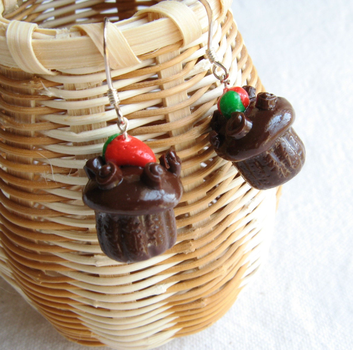 Chocolate Cupcake Earrings Polymer Clay Silver Sterling Strawberry