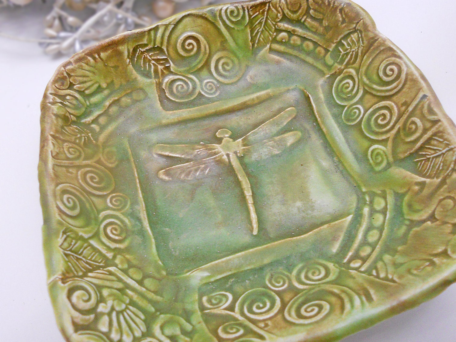 Ceramic Dragonfly Bowl w feet Green Handmade Pottery