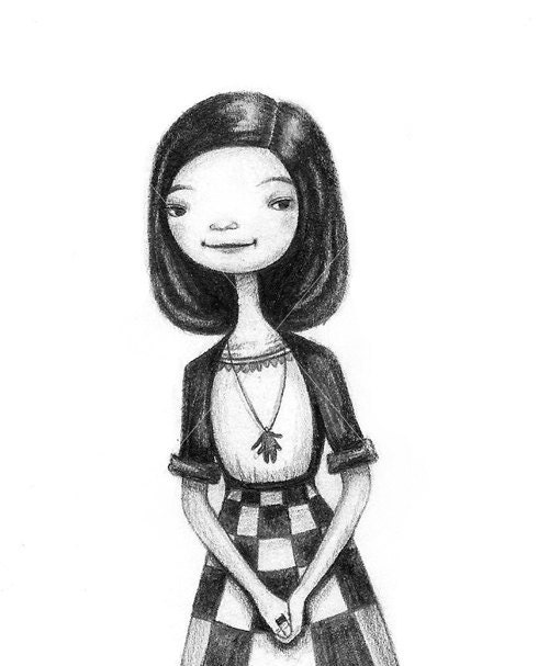 Sophie/ Black and white pencil illustration print handmade decoration girl children tale drawing checked kind
