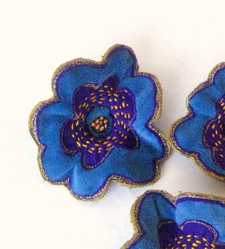 Shawl pin brooch embroidered blue velvet flower