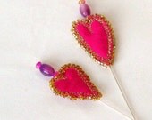 Hat shawl pin beaded pink fabric heart 4 inch Danish
