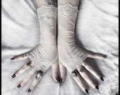 Katriane Long Lace Fingerless Gloves - Pale Ivory Embroidered Damask - Gothic Vampire Wedding Fetish Tribal Bellydance Burlesque Goth Bridal
