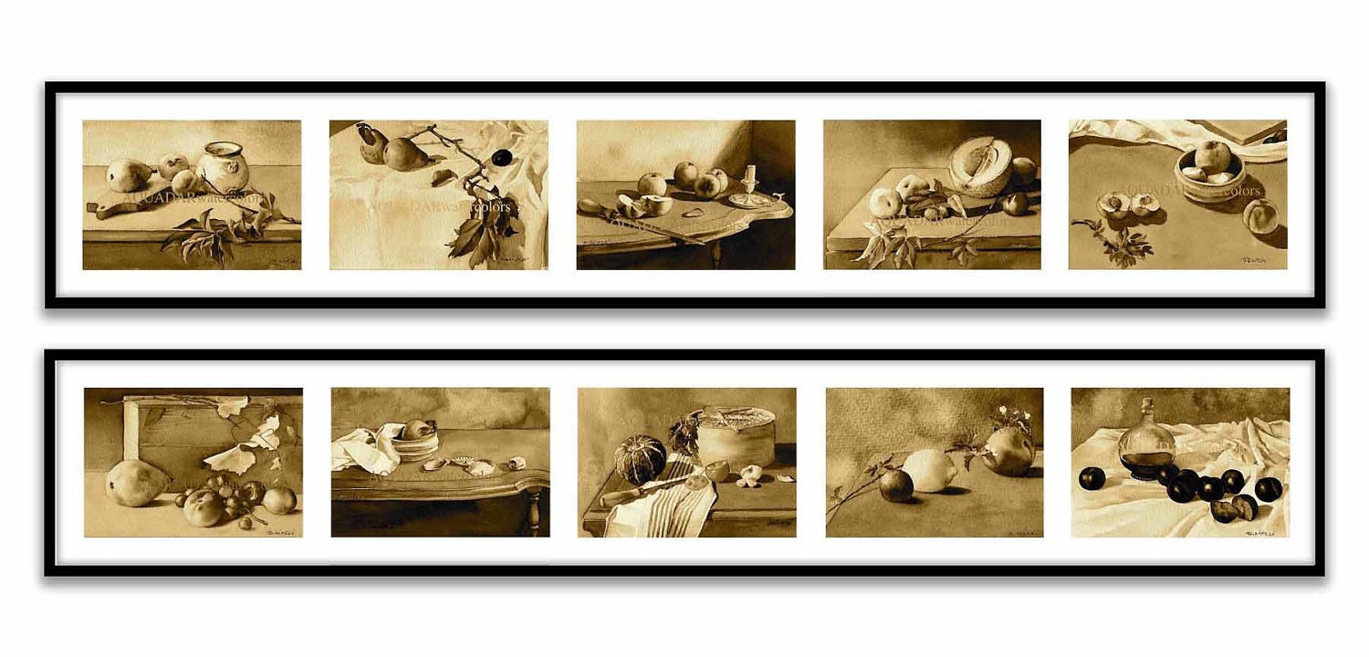 Vintage Still Life with Fruits for Restaurant  Kitchen Decor Modern Home Sepia Prints  Set of 10 from Original Paintings