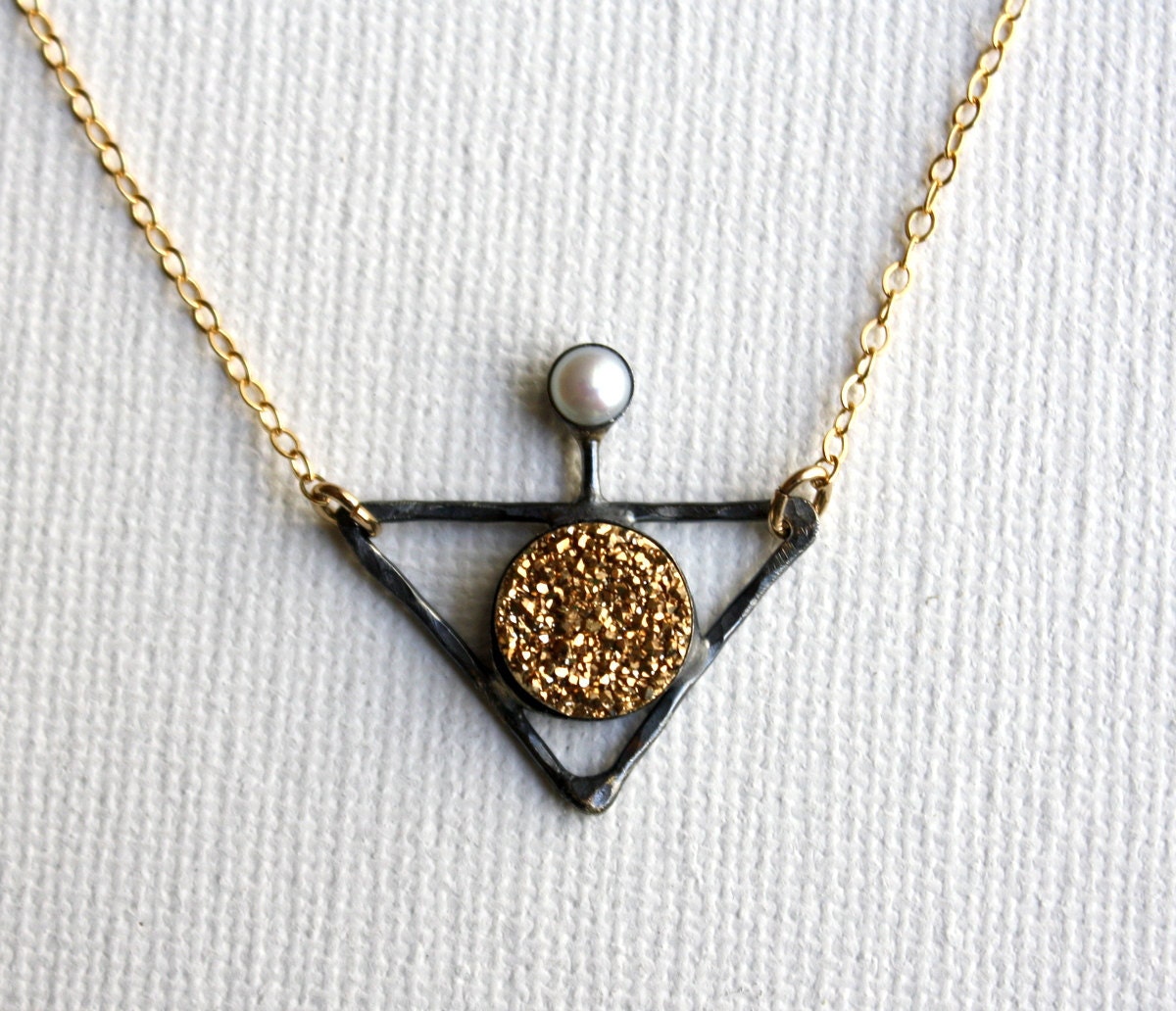 Spaceship Future Pendant- Sterling Silver with Gold Drusy and Pearl- Handmade Necklace