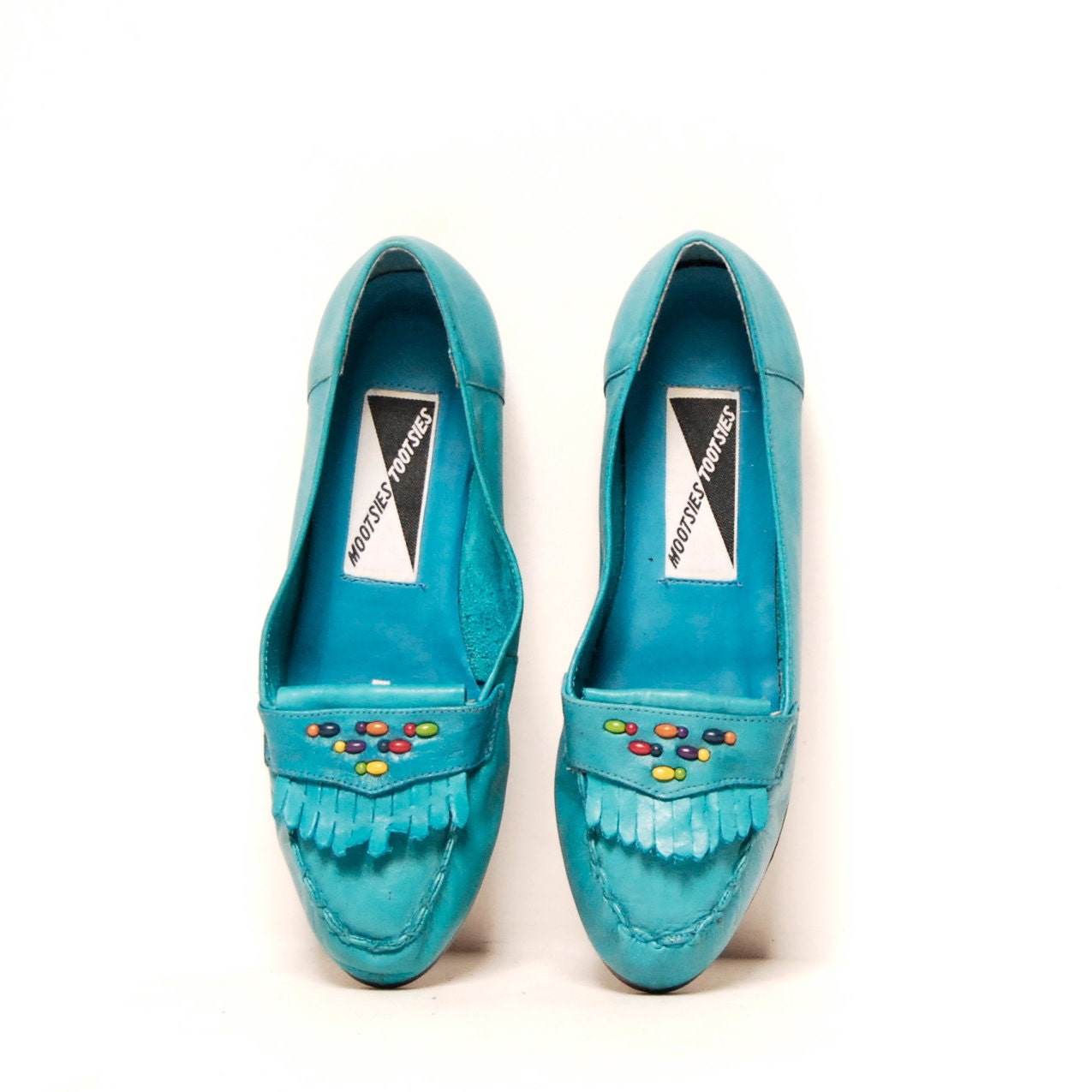 size 8.5 TURQUOISE blue leather 80s MOCCASIN loafers - 20twentyvintage