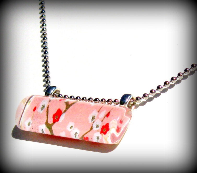 Pink Pendant. Cherry Blossoms Glass Necklace. Looking Glass. Bar Pendant. Japanese Chiyogami: Petite Petals