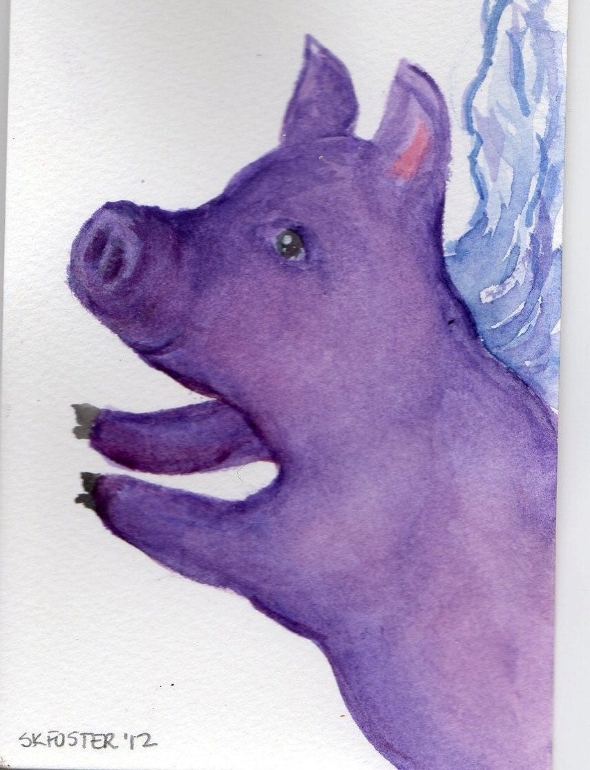 Purple Flying Pig  original watercolor painting  Flying PIG ART