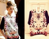 Symmetric Floral Print Shirt w/ Sheer Black Contrast Sleeves