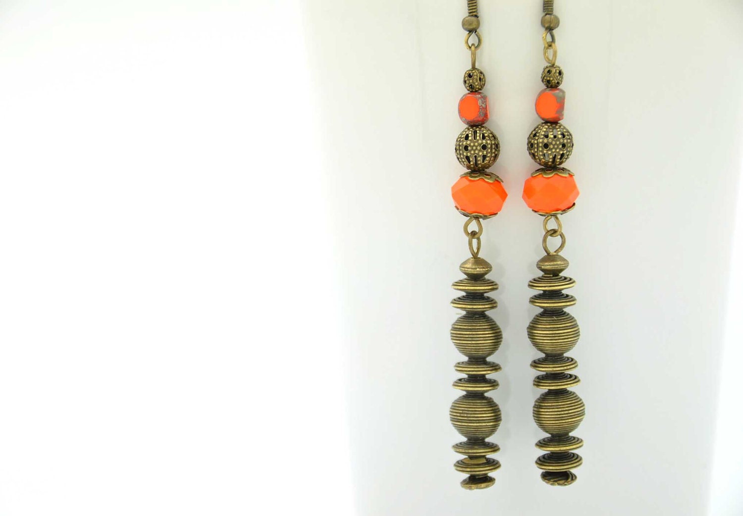 Sunny earrings, made with orange Czech glass beads and orange beautiful cyrstals and special spiral wire antique brass pieces. - BBTAR