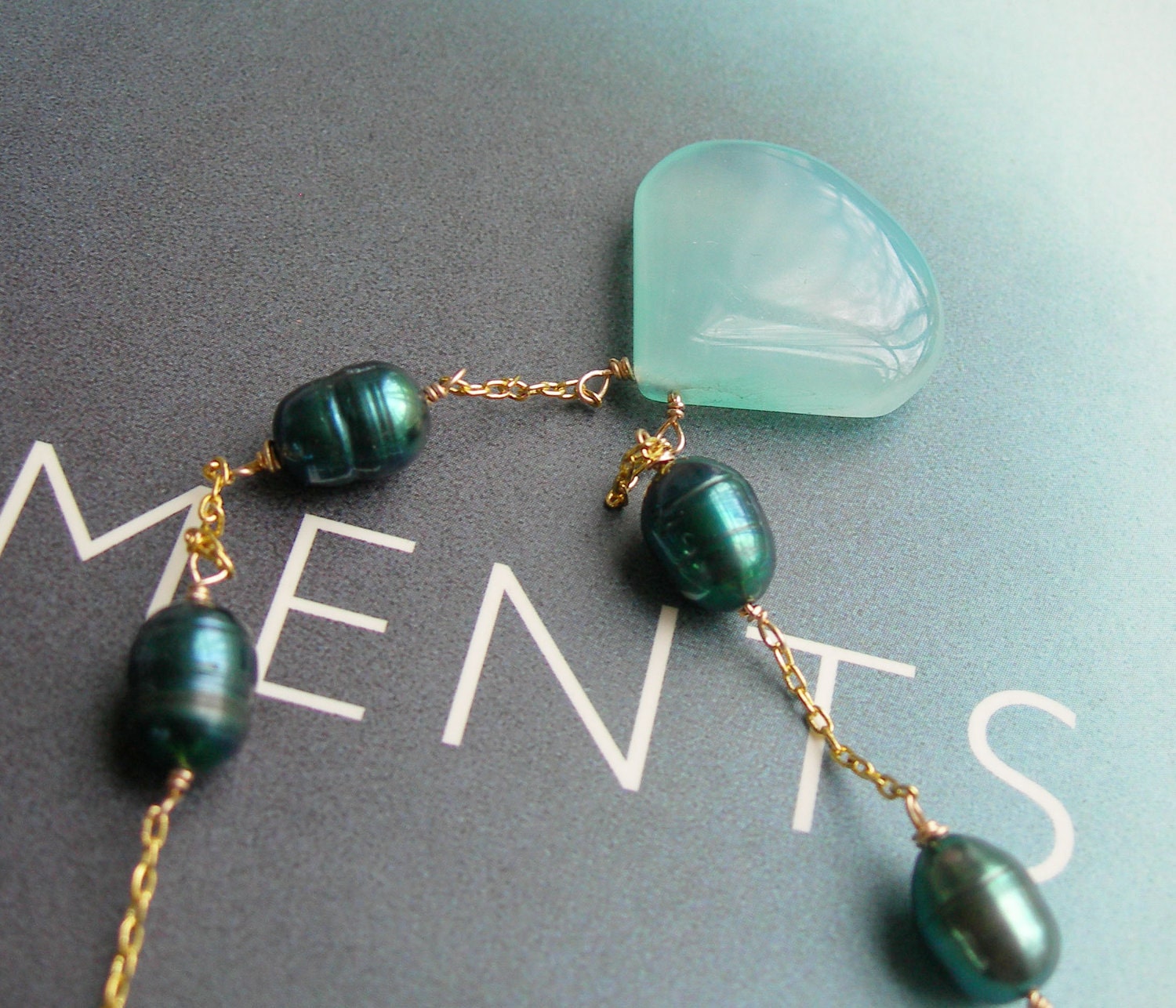 Blue Chalcedony and Blue Pearls Wire Wrapped Long Necklace