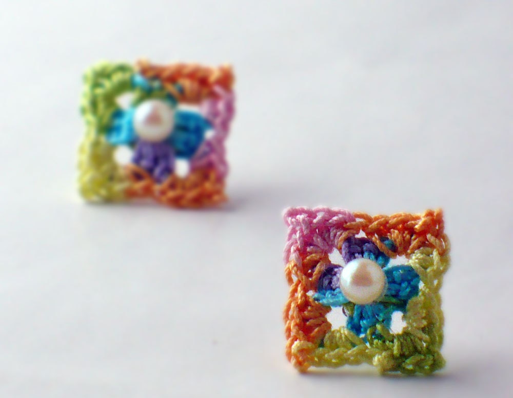 Crochet Earring Mini Granny Square Studs Yellow Spring Green Purple Pink Peach Blue