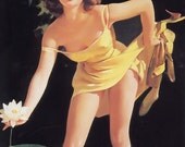 Free US shipping Handprinted Cotton Art Reprodn Applique Vintage Sexy Pin-up Girl Gil Elvgren "Well picked" , 1965
