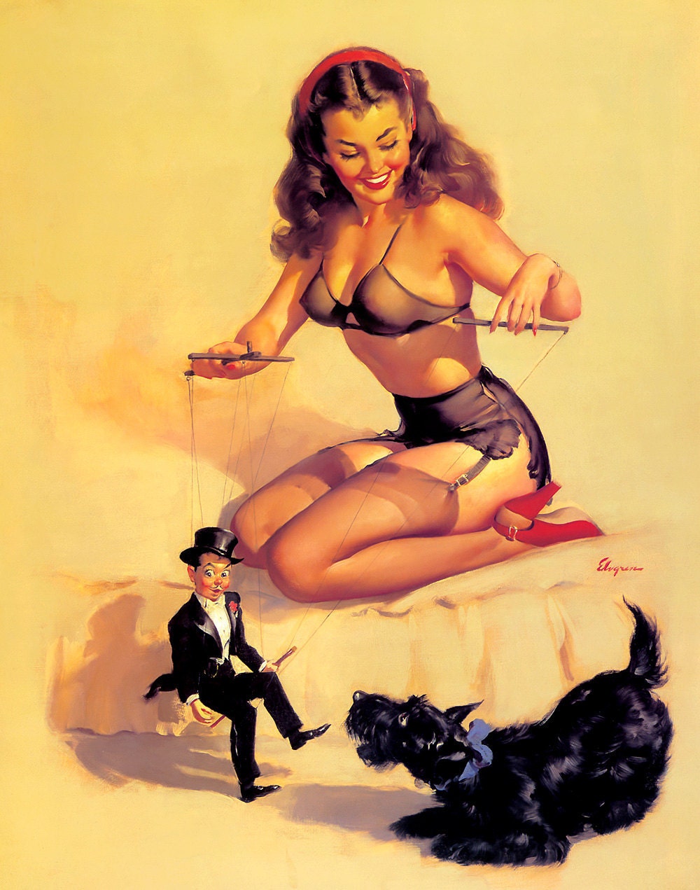 Free US shipping Handprinted Cotton Art Reprodn Applique Vintage Sexy Pin-up Girl Gil Elvgren "They're easy to handle ", 1948