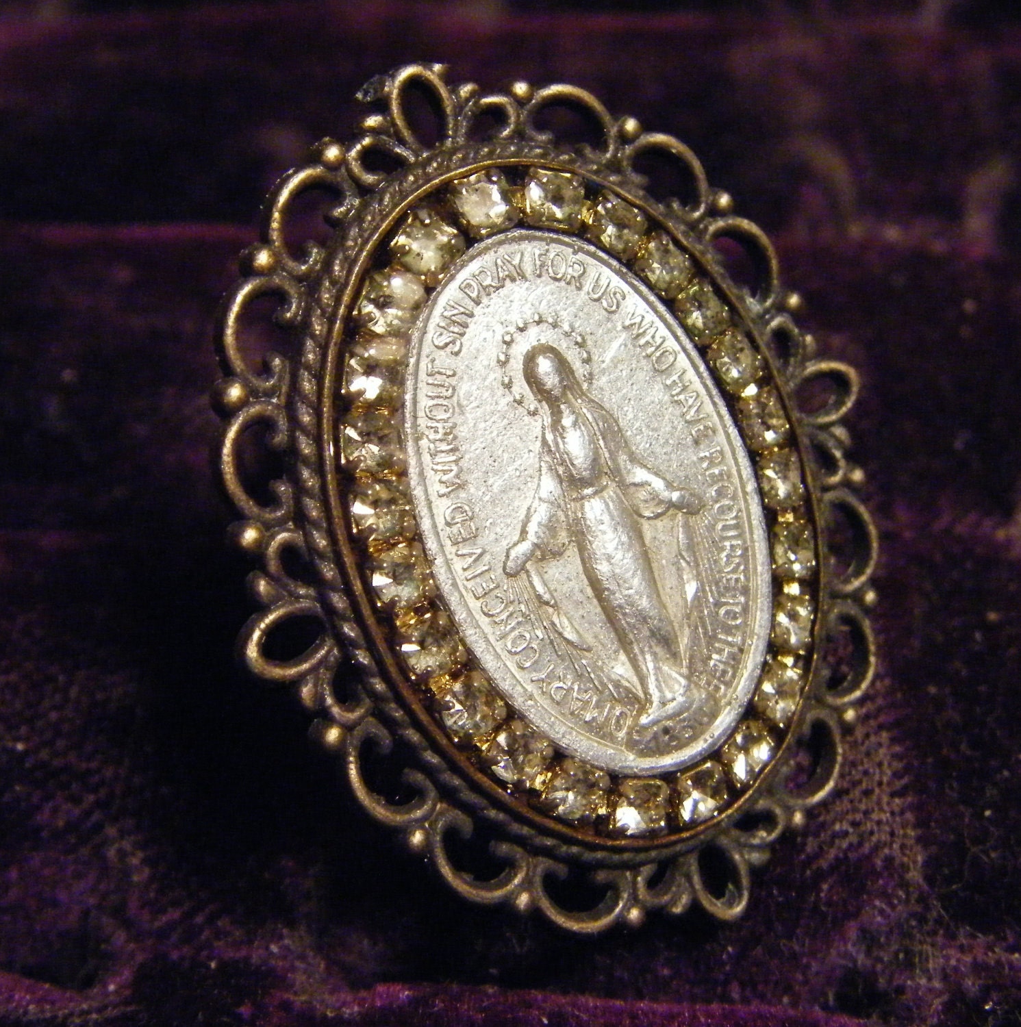 Religious ring Madonna rhinestones one of a kind adjustable vintage filigree assemblage