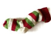 Christmas Stocking Hand Knit Red, Natural White, and Green Striped Santa Sock