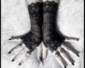 Agathe Long Lace Fingerless Gloves - Black Ornate Embroidered - Gothic Wedding Fetish Dark Tribal Bellydance Mehndi Damask Goth Bridal