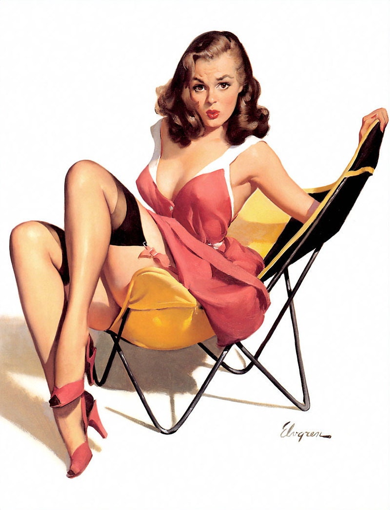 Free US shipping Handprinted Cotton Art Reprodn Applique Vintage Sexy Pin-up Girl Gil Elvgren "That low-down feeling", 1957
