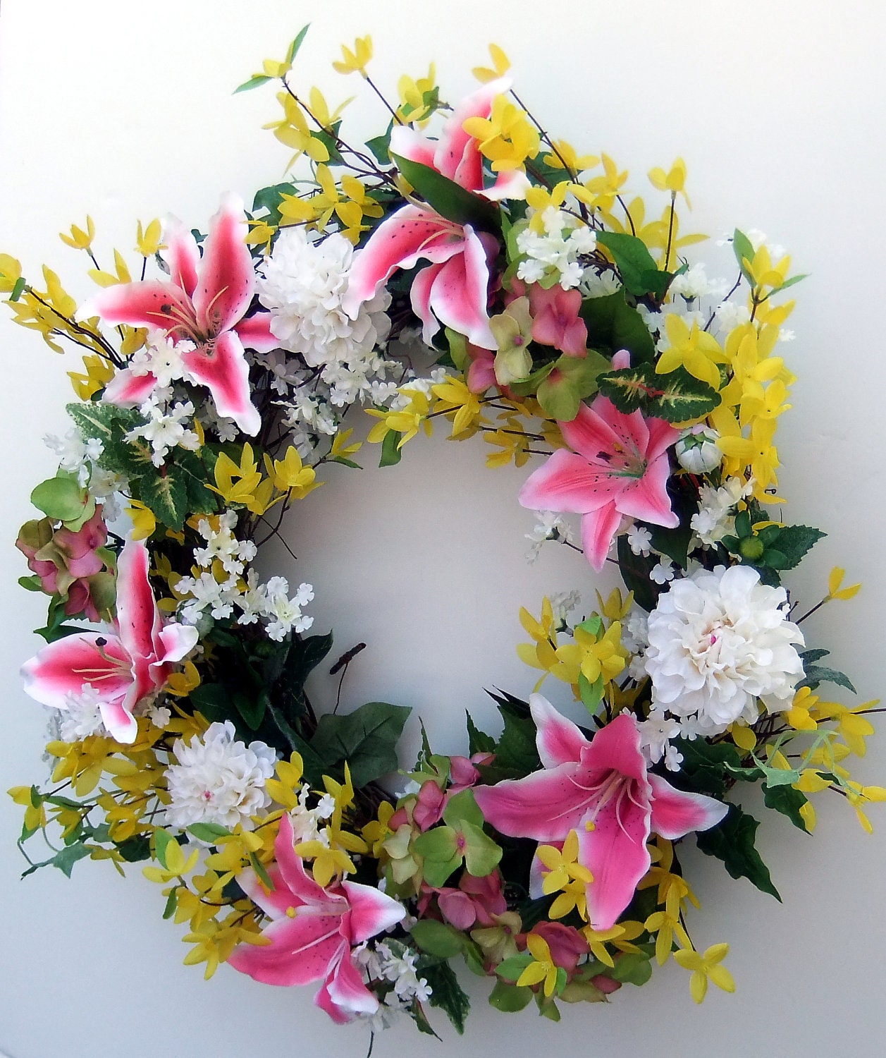 Floral Wreath Daylilies Roses Forsythia Branches
