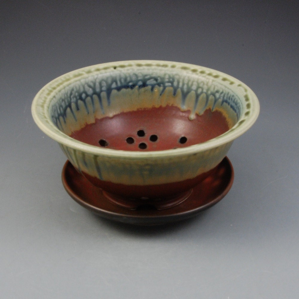 Berry Bowl Colander Cinnamon Brown Fern green and blue Handmade by Mark Hudak