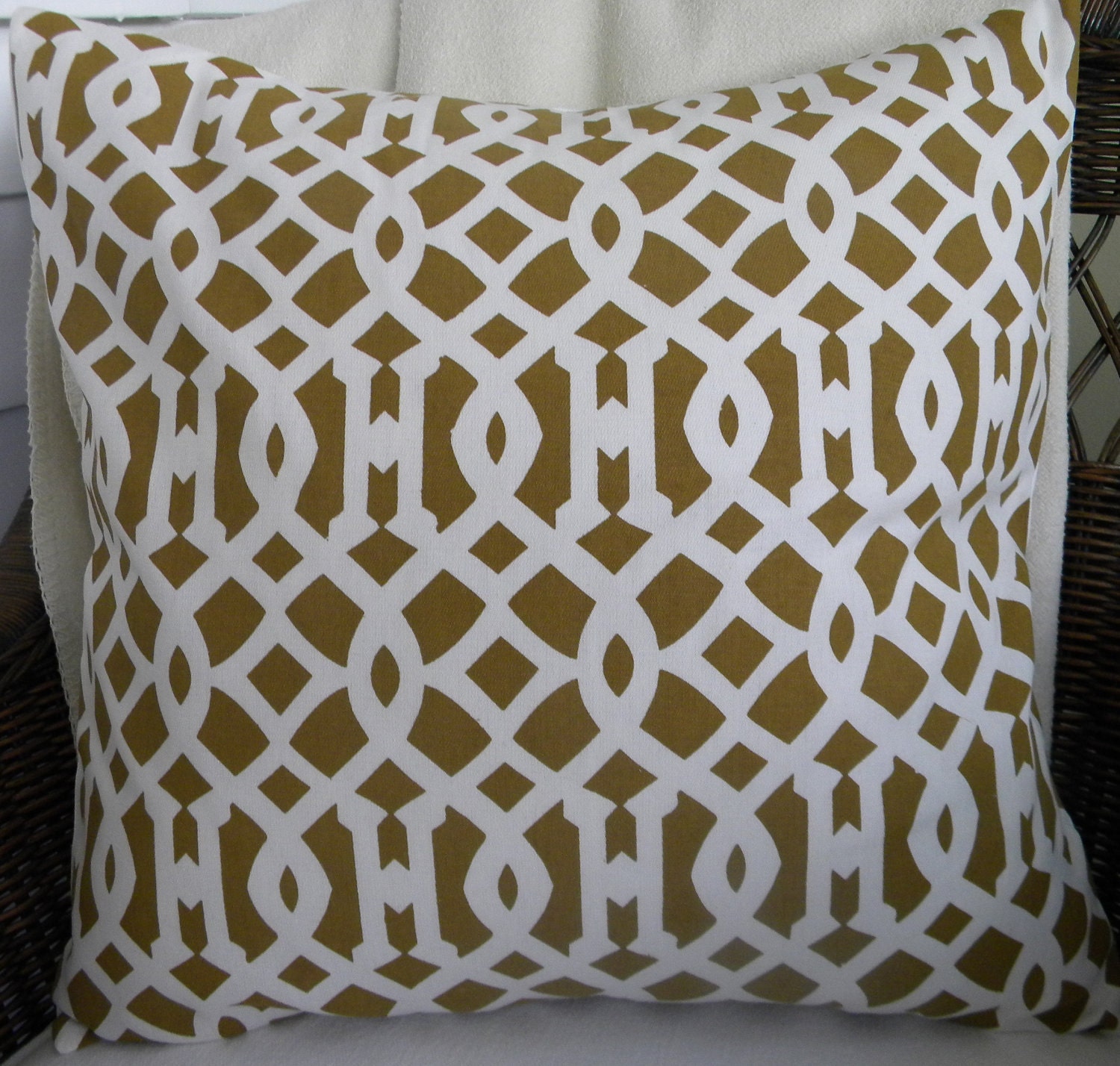 Designer Decorative Pillow Cover - Imperial Trellis - Gold and White - 18" Square